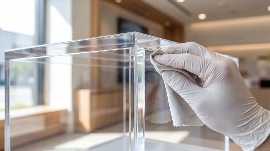Gloved hand cleaning a clear plexiglass display case with a soft microfiber cloth.