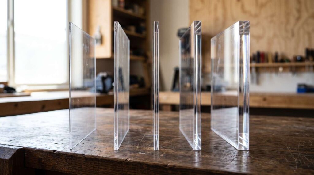 Five clear plexiglass sheets of varying thickness standing vertically on a wooden workshop table.