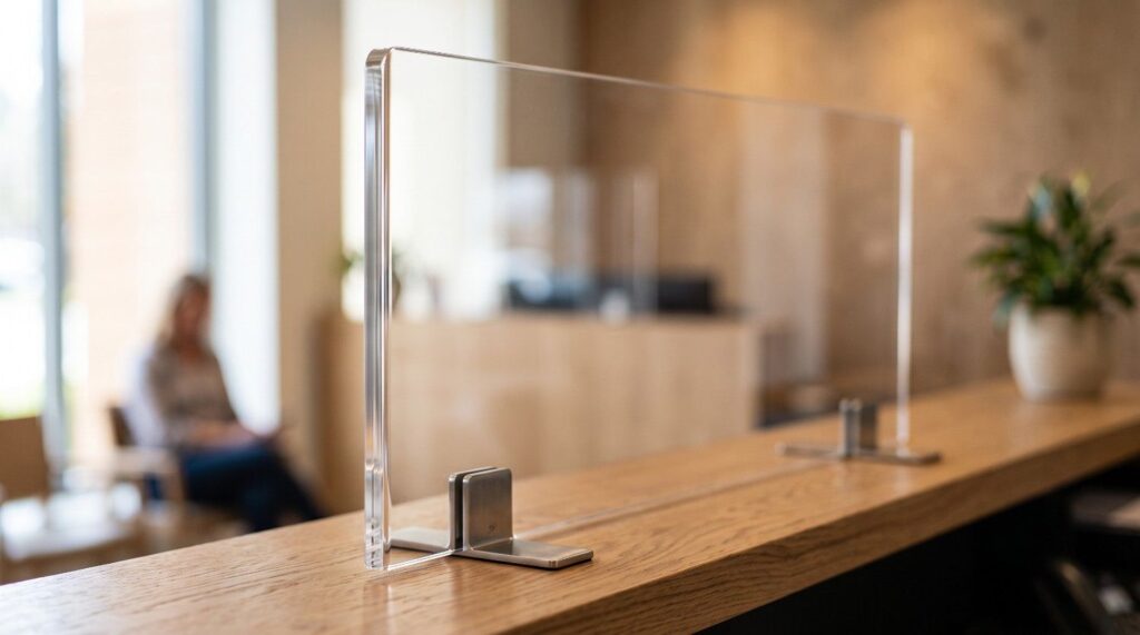 Clear plexiglass protective barrier mounted with metal clamps on a wooden reception desk.