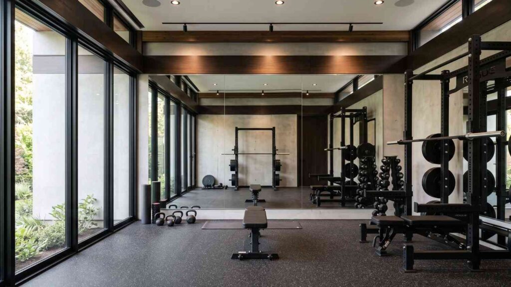 Large wall-to-wall gym mirror panels reflecting a luxury athletic studio with premium power racks.