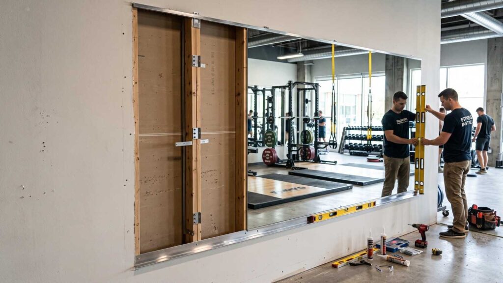 Professional gym mirror installation featuring installers leveling a large wall panel in a fitness center.