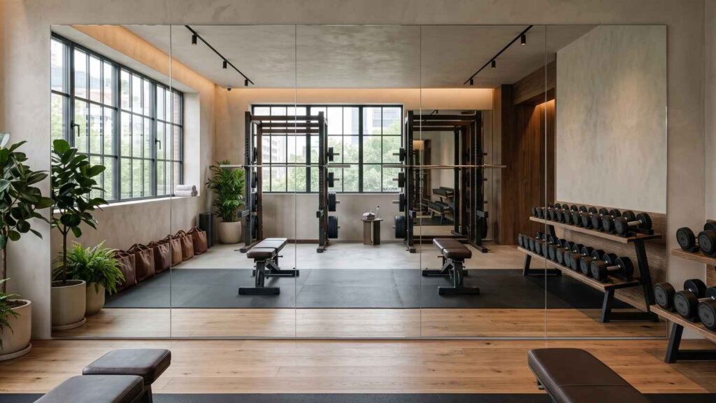 Full-wall gym mirror panels reflecting a premium training facility with power racks and dumbbell sets.