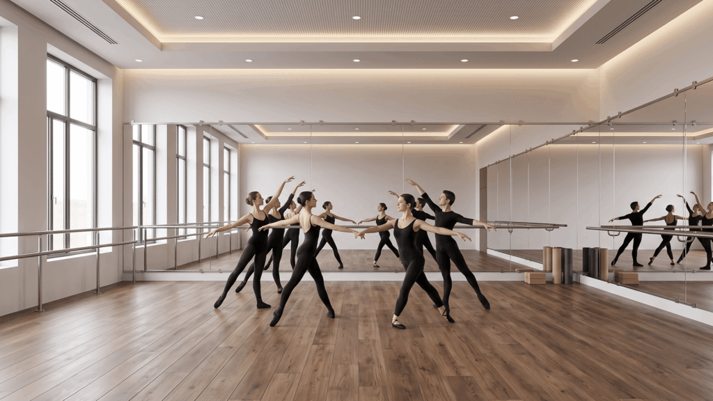 Large gym mirror panels reflecting ballet dancers practicing in a modern dance studio