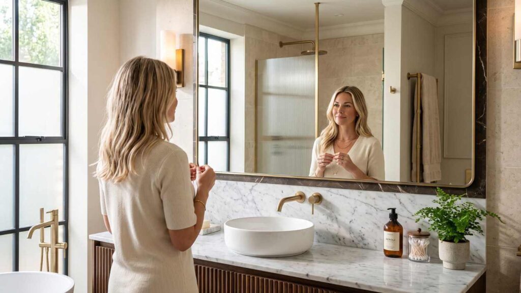 Sleek brass-framed bathroom mirror reflecting a woman admiring jewelry above a luxury marble vanity.