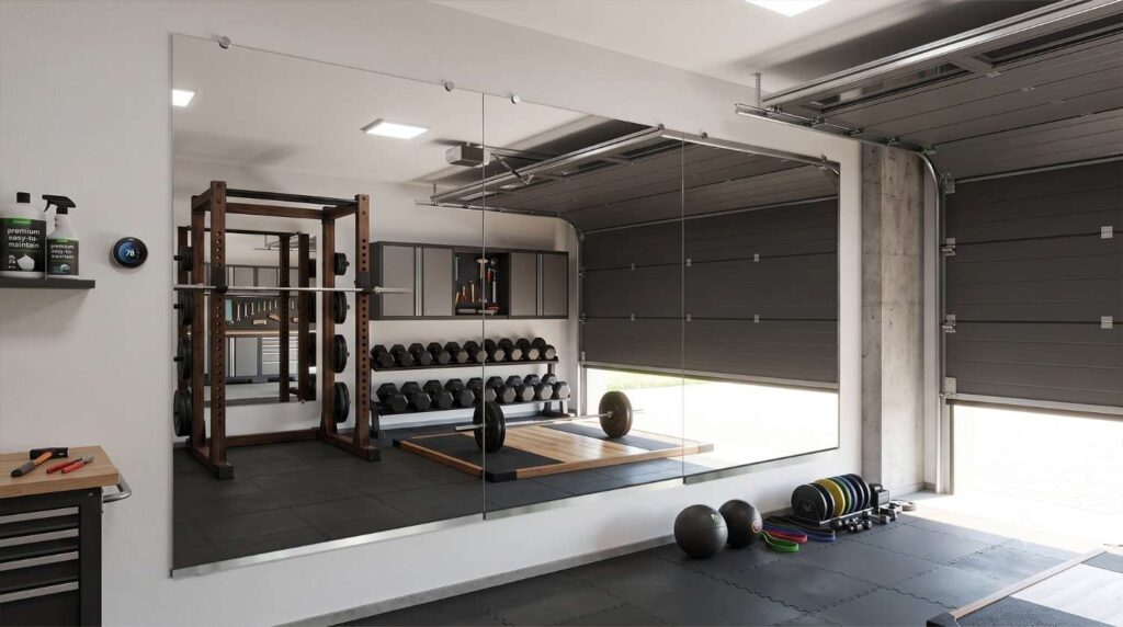 Large wall-mounted gym mirror panels reflecting a garage fitness setup with a power rack and weights.