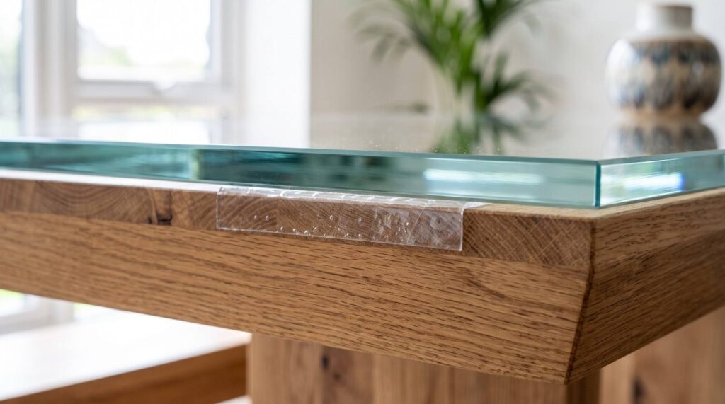 Clear double-sided adhesive tape securing glass table top to wooden frame.