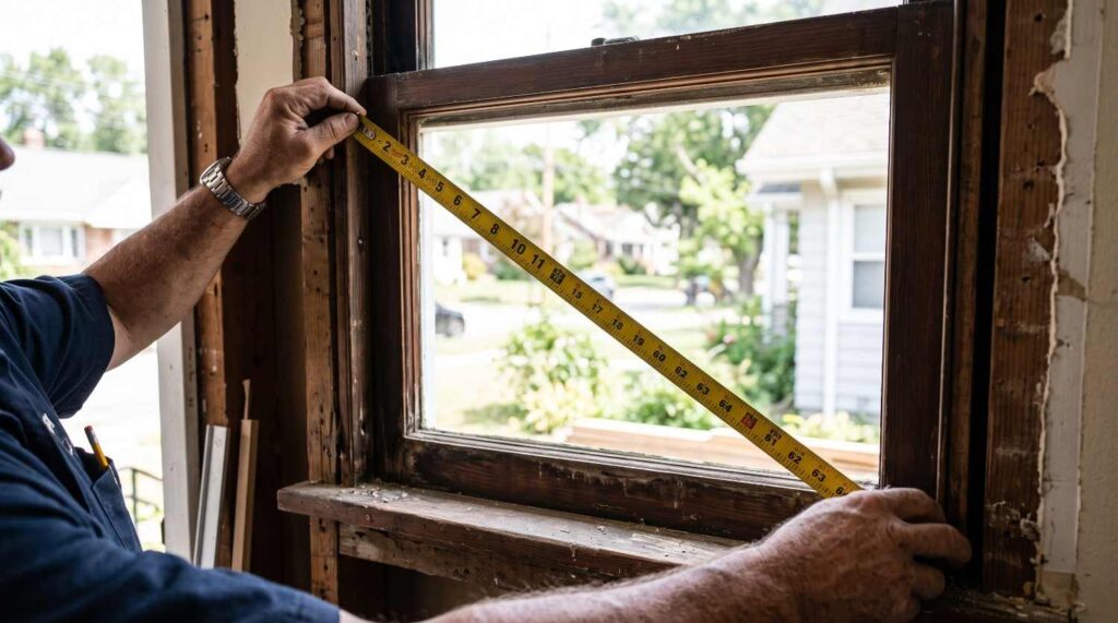 Measuring window frame diagonally to check squareness for glass replacement.