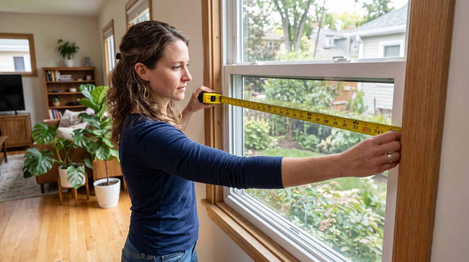 Measuring window frame width for custom glass replacement installation.