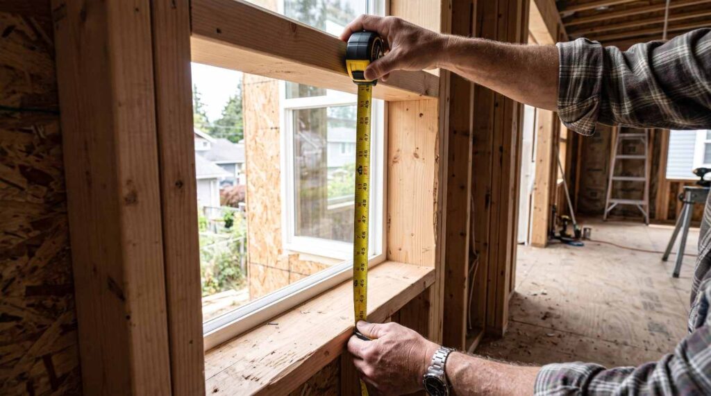 Measuring vertical rough opening height for custom window glass replacement installation.