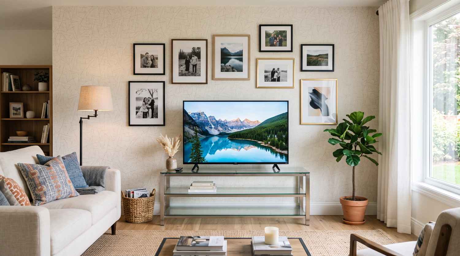 Clear glass console table top supporting a television in a modern living room media setup.