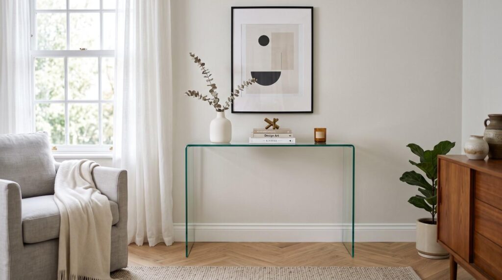 Minimalist bent glass console table top styled with a vase and artwork in a modern interior.