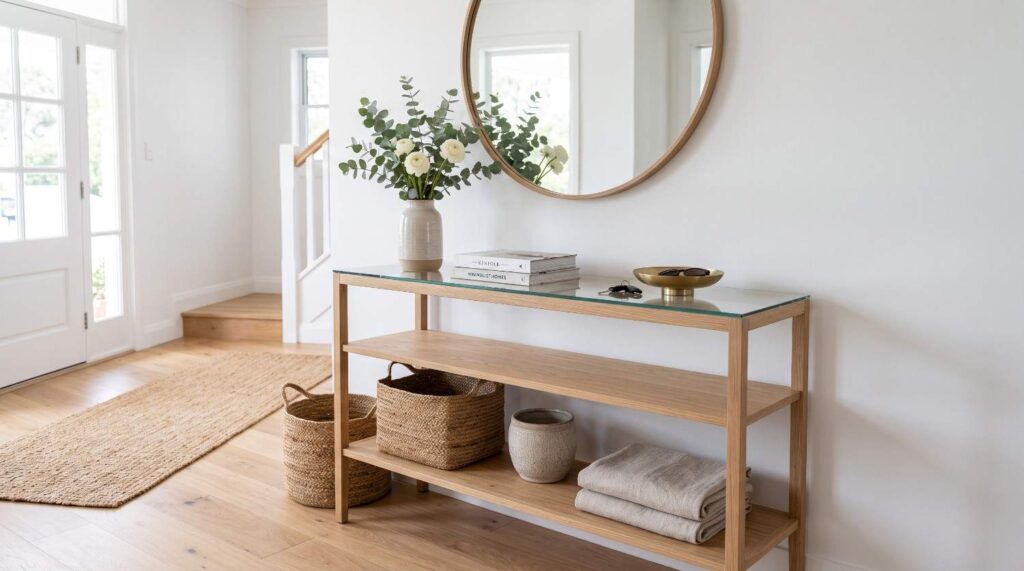 Light oak glass console table top decorated with a vase and mirror in a bright entryway.