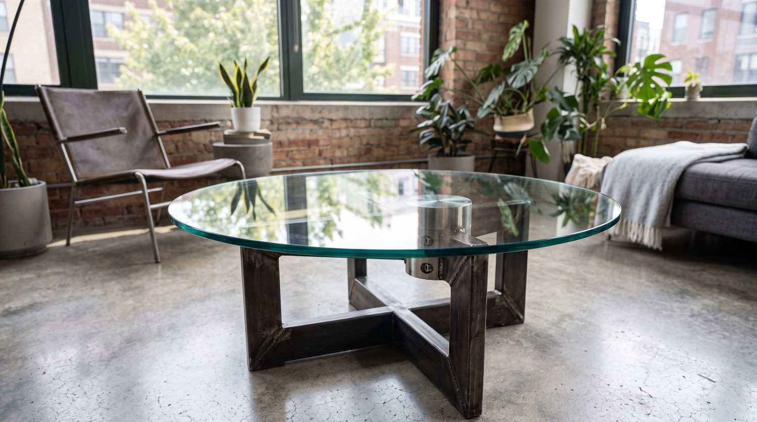 Round clear glass coffee table top on a heavy-duty industrial metal base.