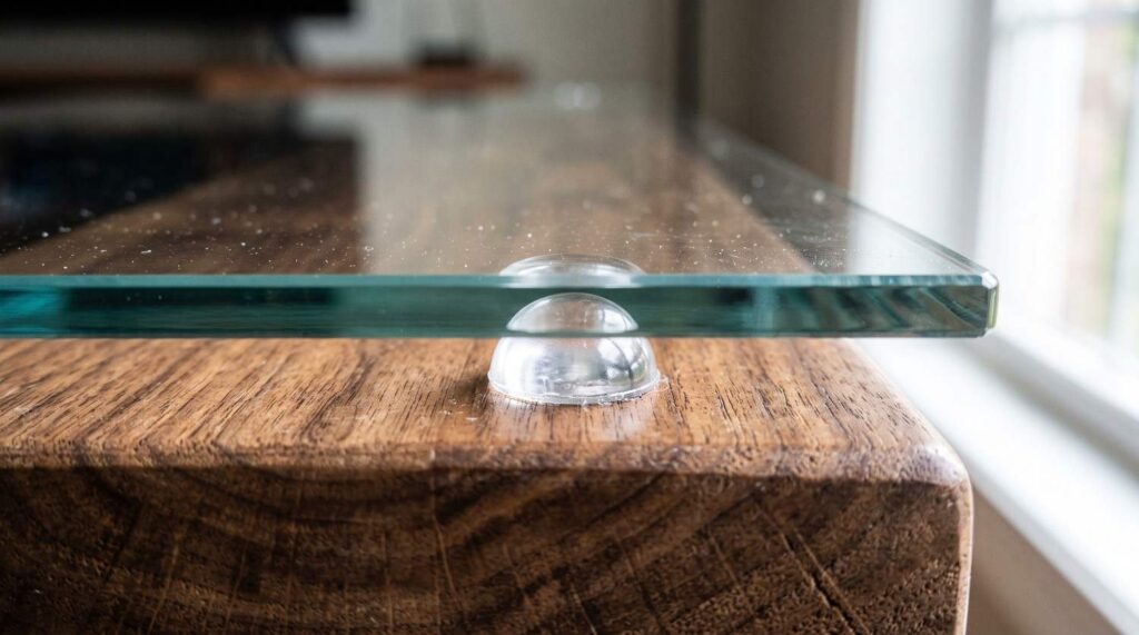 Clear rubber bumper pad for glass table top protection on wooden surface.