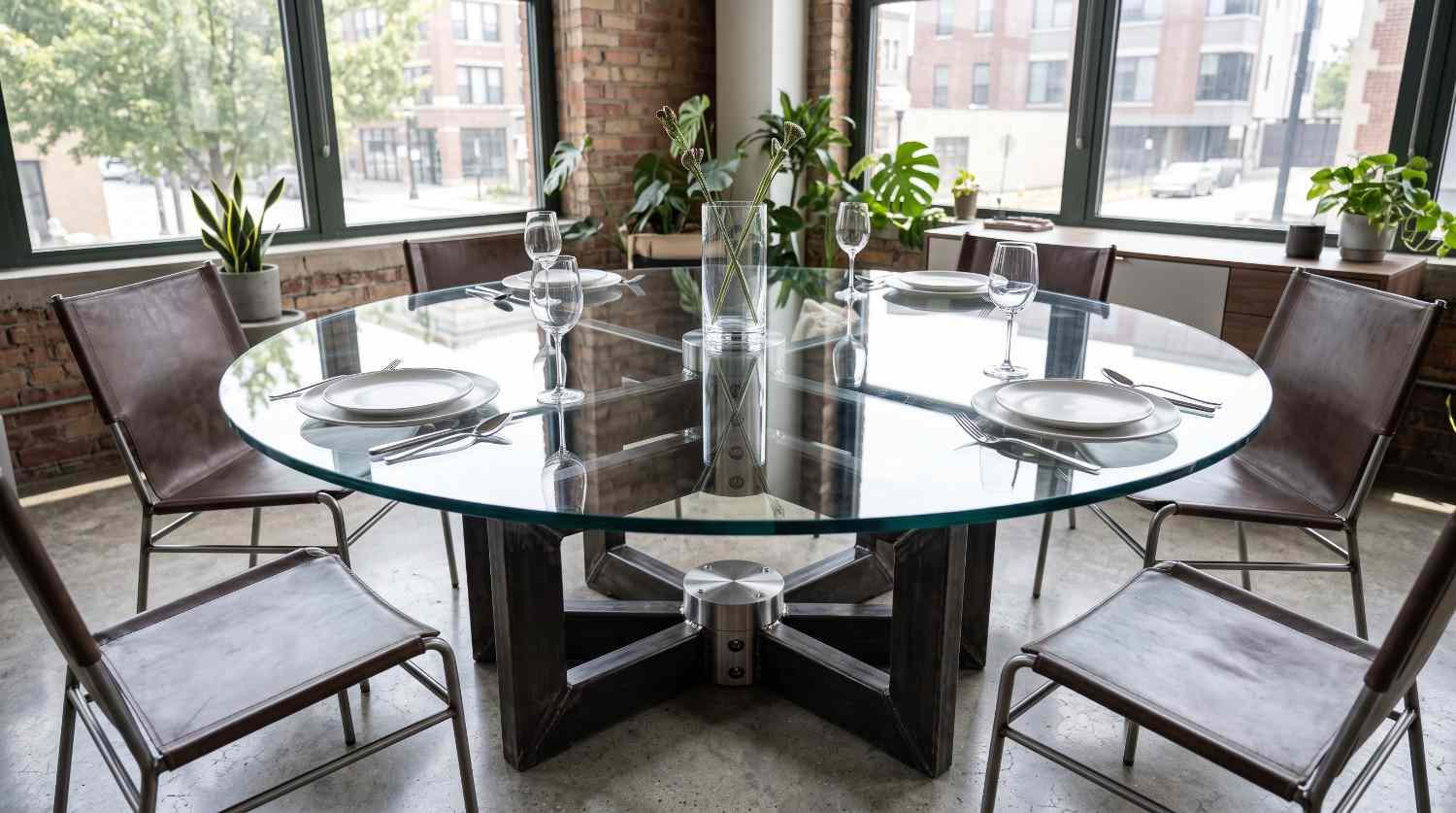 Round clear glass table top featuring a heavy-duty industrial steel frame base.