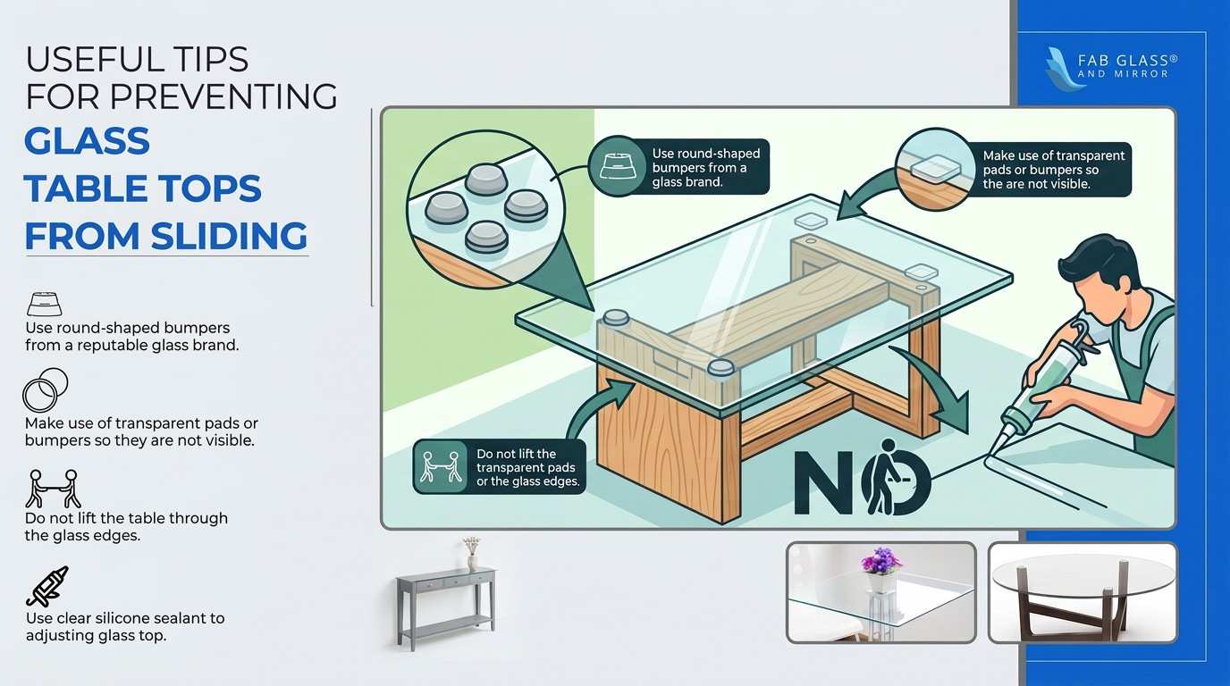 Infographic guide for preventing glass table tops from sliding using bumpers.