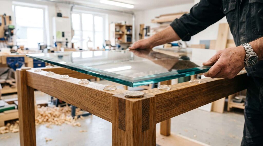 Craftsman installing a thick clear glass table top on a solid wooden frame.