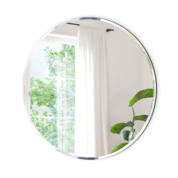 Large Round Mirror 42 inch – Beveled Polished Frameless Wall Mirror with Hooks
