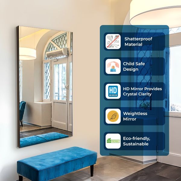Glassless Mirror 26x60 - Shatterproof Wall Mirror with Black Premium Frame | Lightweight for Home, Retail, and Salon Environments