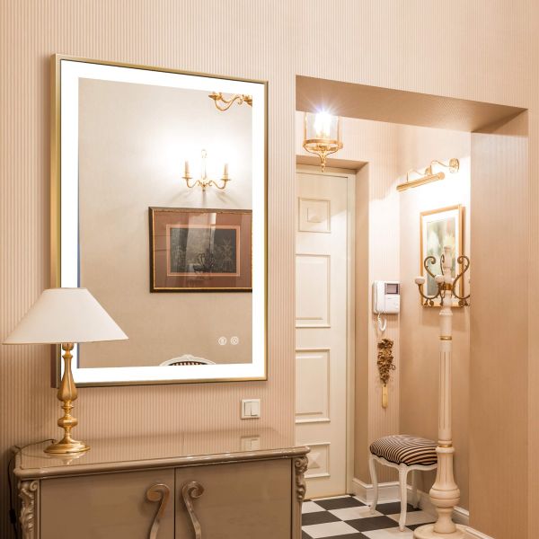 Rectangle Lighted LED Bathroom and Vanity Mirror 24 X 36 Inch Framed with Anti Fog, Adjustable Light Color and Dimmer Touch Sensors (Champagne Gold)