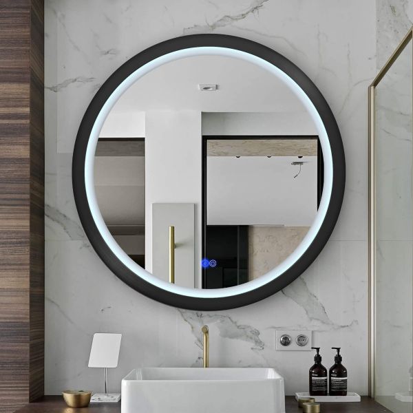 Round Lighted Matte Black Framed LED Bathroom and Vanity Mirror 28 Inch with Anti Fog, Adjustable Light Color and Dimmer Touch Sensors