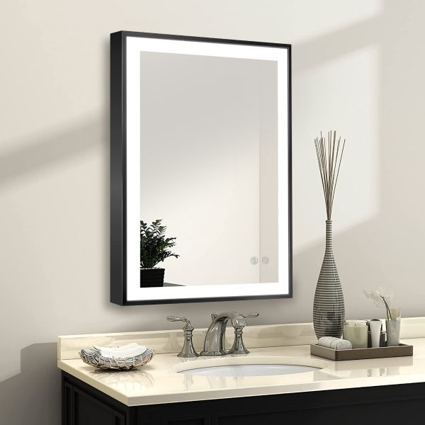Rectangle Lighted LED Bathroom and Vanity Mirror 30 X 40 Inch Framed with Anti Fog, Adjustable Light Color and Dimmer Touch Sensors (Matte Black)