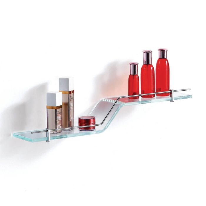 Stylish Clear Glass Shelf With Chrome, Curved Glass Wall Shelves