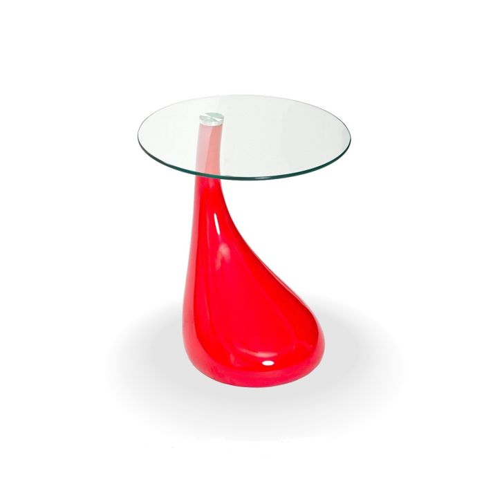 Teardrop Side Table Red Color With 18, 18 Round Glass Table Top