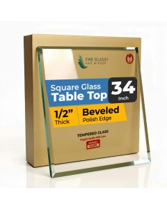 34 Inch Clear Glass Square Table Top, 1/2 Inch Thick, Beveled Edge Replacement for Coffee Tables