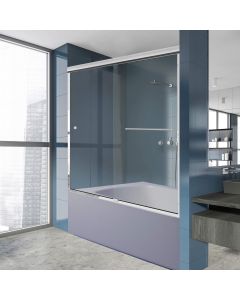 Double sliding tub door, 56-60"W x 62 3/8"H, 5/16" (8mm) tempered glass with stain resistant coating and finish options