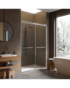 Frameless double sliding shower door, 44-48"W x 74"H, 3/8" tempered glass with chrome finish and protective coating.