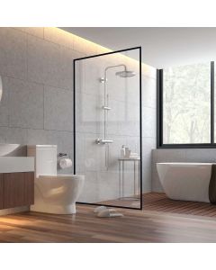 Framed Fixed Glass Shower Panel 34x74 Inch 3/8" Thick 3/4" Aluminum U-channel 3/4" Black Silk Screen Matte Black Finish