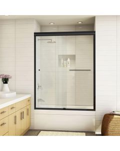 Double sliding tub door, 56-60"W x 62 3/8"H, 1/4" (6mm) tempered glass with stain resistant coating.
