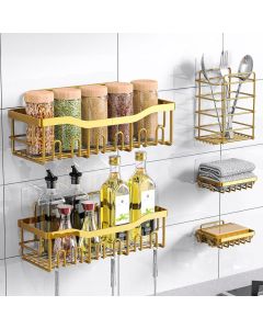 Shower Caddy 5-Pack Gold - Durable Stainless Steel Shelves, Rustproof, No-Drill Adhesive Organizer for Bathroom & Kitchen