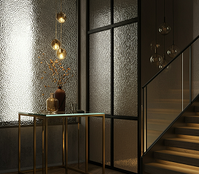 Dimly lit interior showing large, textured glass panels and a glass railing, emphasizing both privacy and elegant design.
