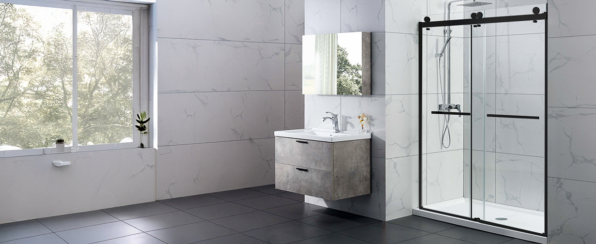 Bright bathroom with double sliding shower glass doors and vanity, designed with sleek bathroom shower doors.