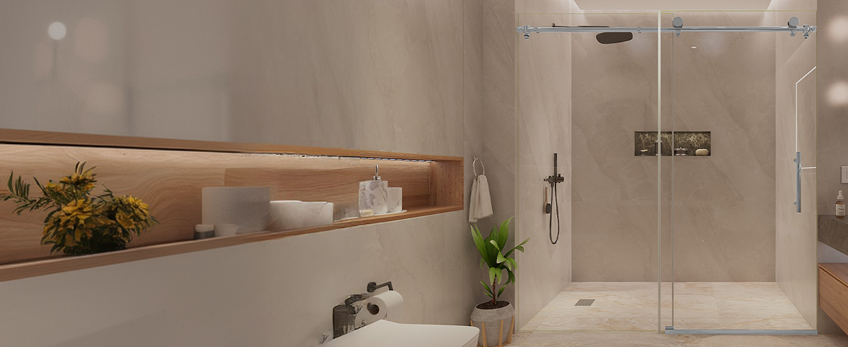 Single slider shower door with chrome finish hardware, polished frameless design, clear tempered glass.