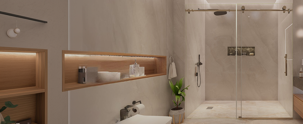 Single slider shower door brushed nickel hardware, modern frameless design with clear tempered glass.