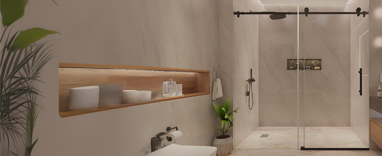 Single slider shower door matte black hardware, modern frameless design with clear tempered glass.