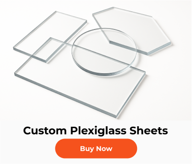 Assorted custom plexiglass sheets in rectangular, circular, and hexagonal shapes displayed on a white background.