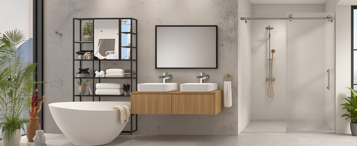 Spacious bathroom setup with a single sliding glass shower door in a polished chrome finish, paired with a double vanity and freestanding tub.