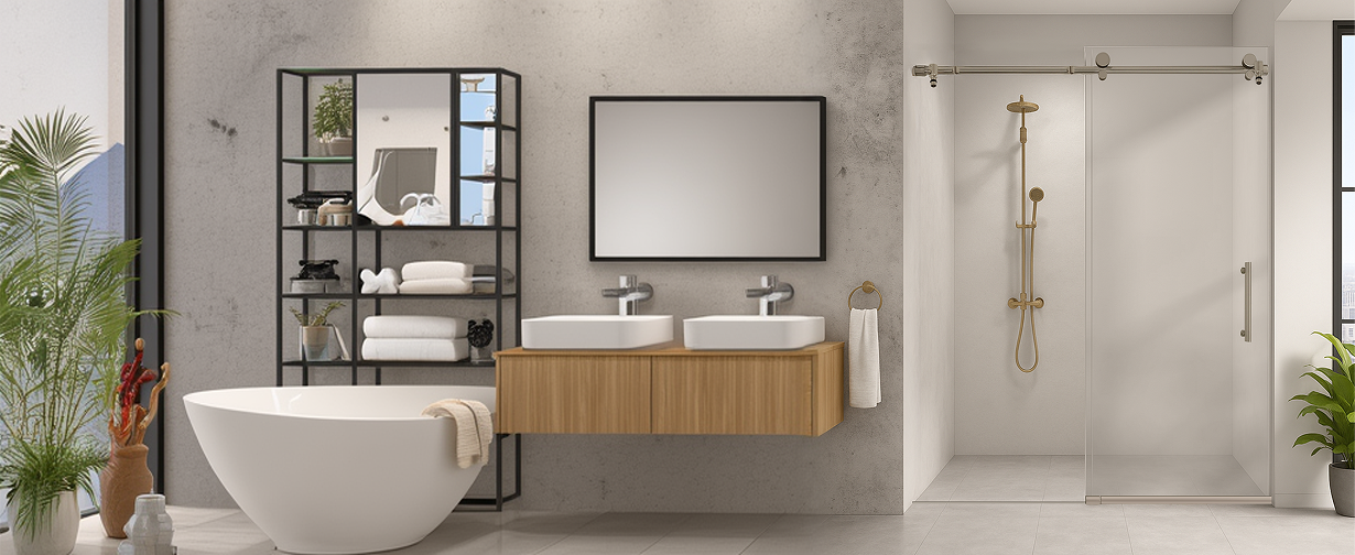 Contemporary bathroom design showcasing a sliding shower door with one fixed panel and elegant brushed nickel finishes.