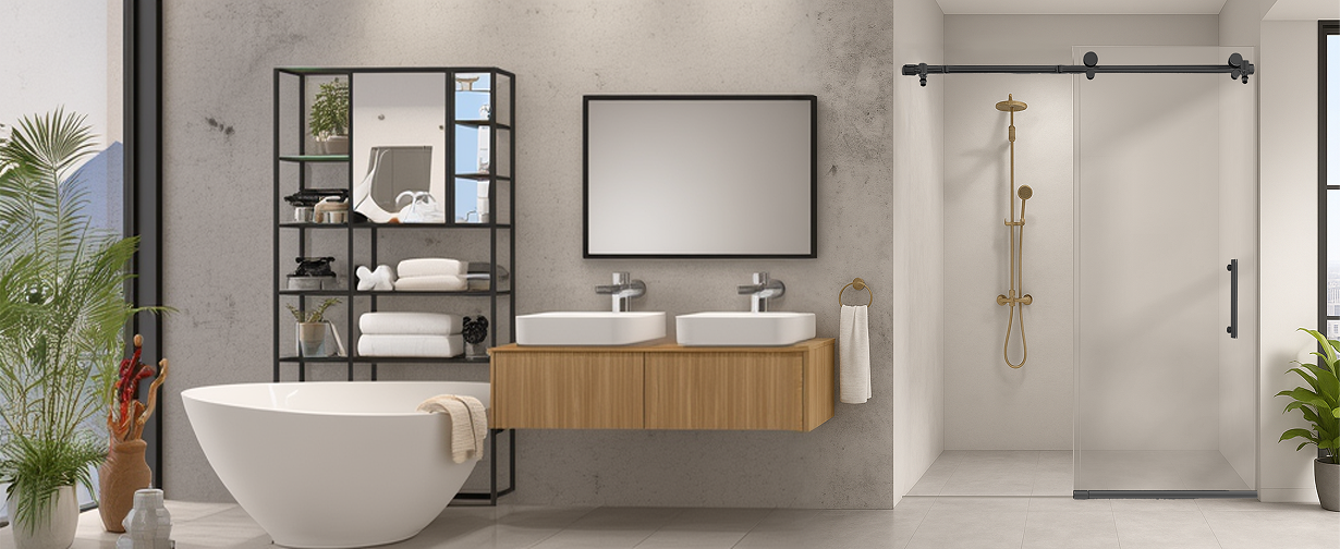 Modern bathroom interior featuring a single sliding frameless shower door with sleek matte black hardware and a gold shower fixture.