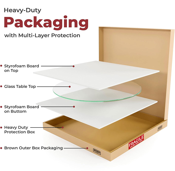 Heavy-duty glass table top packaging with multi-layer protection, styrofoam boards, and reinforced shipping box.