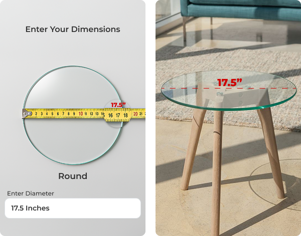 Round glass tabletop size guide showing a 17.5-inch diameter measurement on a circular glass table top.