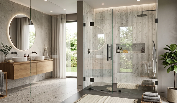 Modern shower door hinge in luxury wet shower with water droplets