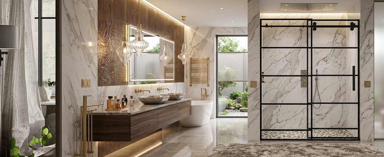 Modern luxury bathroom with marble walls, double vanity, freestanding tub, and black window pane single sliding shower door