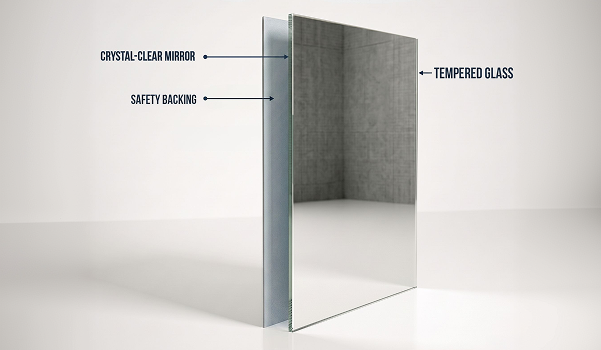 Combo Safety diagram showing tempered glass and safety backing layers for a large gym mirror