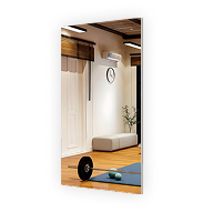 glassless mirror in a modern room with exercise equipment and natural lighting.