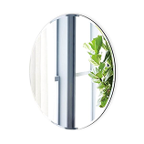 Oval mirror showing window and leafy plant, adding soft style.